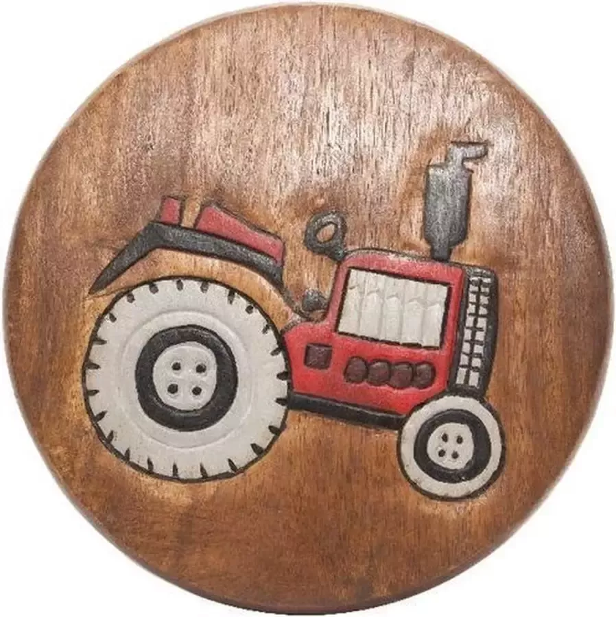 Fairtrade uit Thailand Krukje Acacciahout Naturel met print Tractor 27cm Sawahasa Thailand Fairtrade