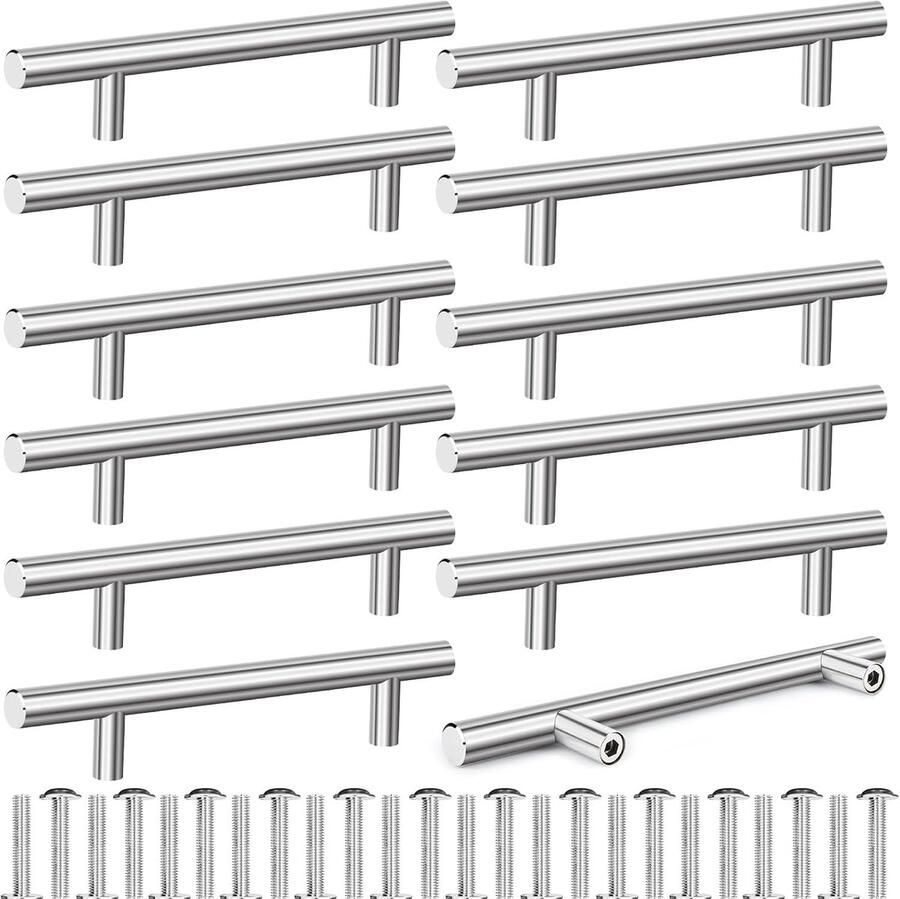 Famanu 12 stuks meubelgrepen zilverkleurig boorgatafstand 128 mm T-bar keukengrepen met 24 schroeven keukenkastgrepen van roestvrij staal ladegrepen deurgrepen voor keukenkasten