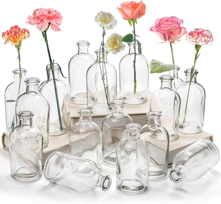 Famanu 16 Pack Living Bud Vazen Clear Glass Flower Vaas 8oz Decoratieve Glazen Flessen Kleine Vintage Bloemfles Tafel Middenstuk Decoratie voor Thuis Bruiloft Feest Evenement Kantoor Moderne Decor