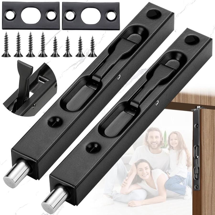 Famanu 2 Stuks Rvs Matte Slide Klink Flush Bout Deurslot Latch Slide Bout Lock 6 Inch Rvs Schuif Deurklink Bout Zwarte Flush Bout met Schroeven Voor Slaapkamer Kast