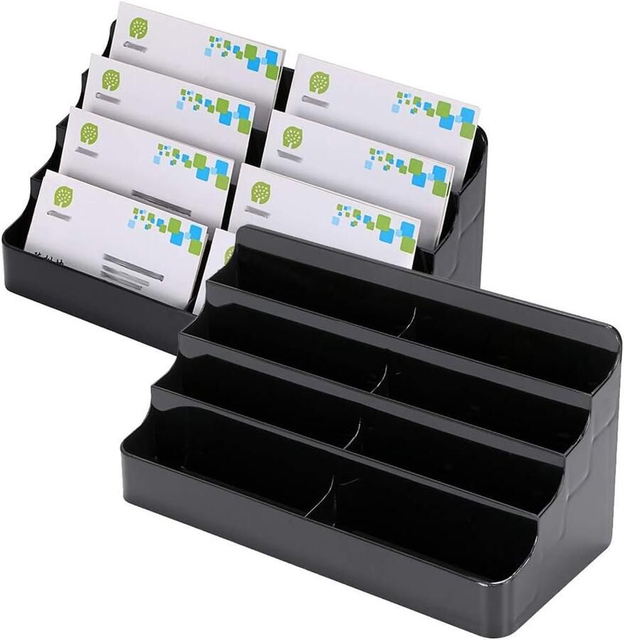Famanu 2 stuks zwarte acryl visitekaarthouders 8 Pocket Desktop Visitekaartjes Stands Aanrecht Acryl Index Card Organizer voor Bureau Netjes Kantoor Accessoires