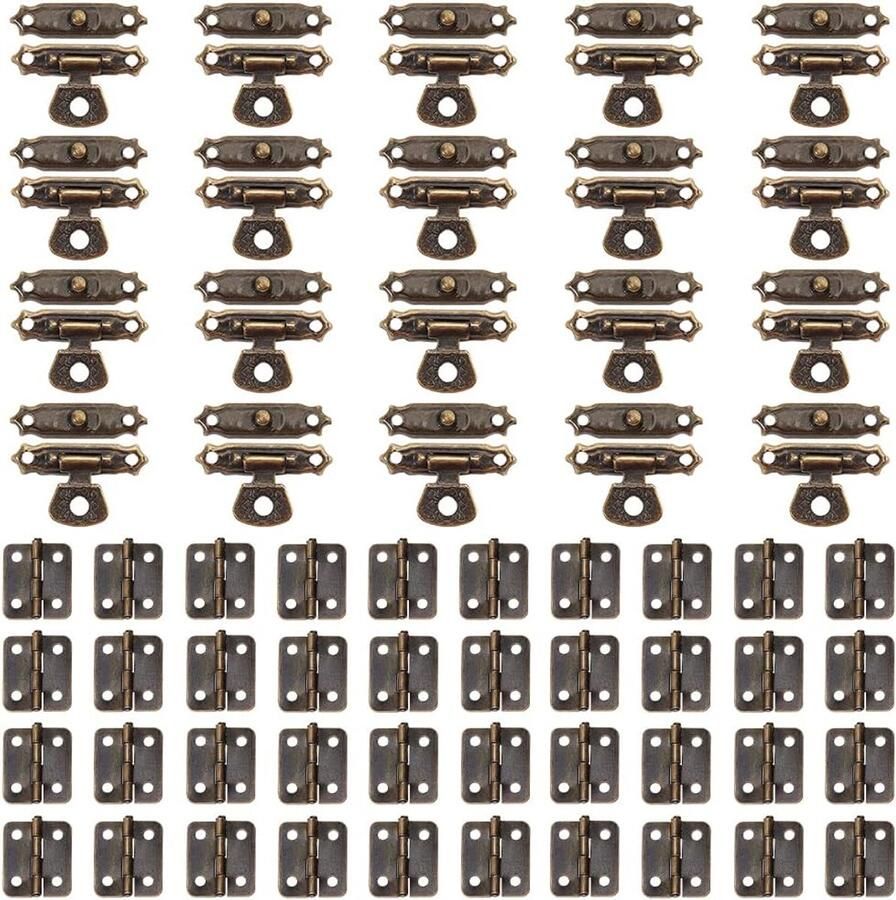 Famanu 40 sets antieke mini scharnieren met 20 set retro haken vergrendeling en 240 stuks schroeven antieke gespen kit voor houten kast vintage sieraden opslag geschenkdoos gereedschapskist