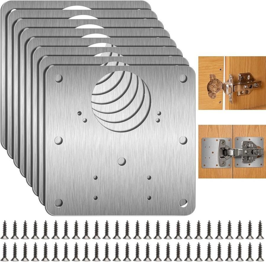 Famanu 8 stuks scharnierreparatieplaat keukenscharnier reparatieplaten met 48 schroeven 9 x 9 cm roestvrij stalen scharnier reparatieplaat voor de reparatie van deur kast woonmeubel lade kisten