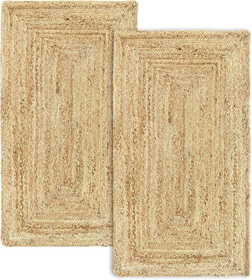Famanu Alhambra Jute Tapijten 2 stuks natuurlijke kleur 100% jutevezel handgemaakt woonkamertapijt eetkamer slaapkamer hal natuurlijke kleur (60 x 110 cm) 2 stuks