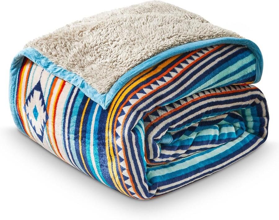 Famanu Flanellen Deken Omkeerbaar Sherpa Fleece Blauwe Strepen Zacht & Comfortabel Plaid voor Bank & Bed