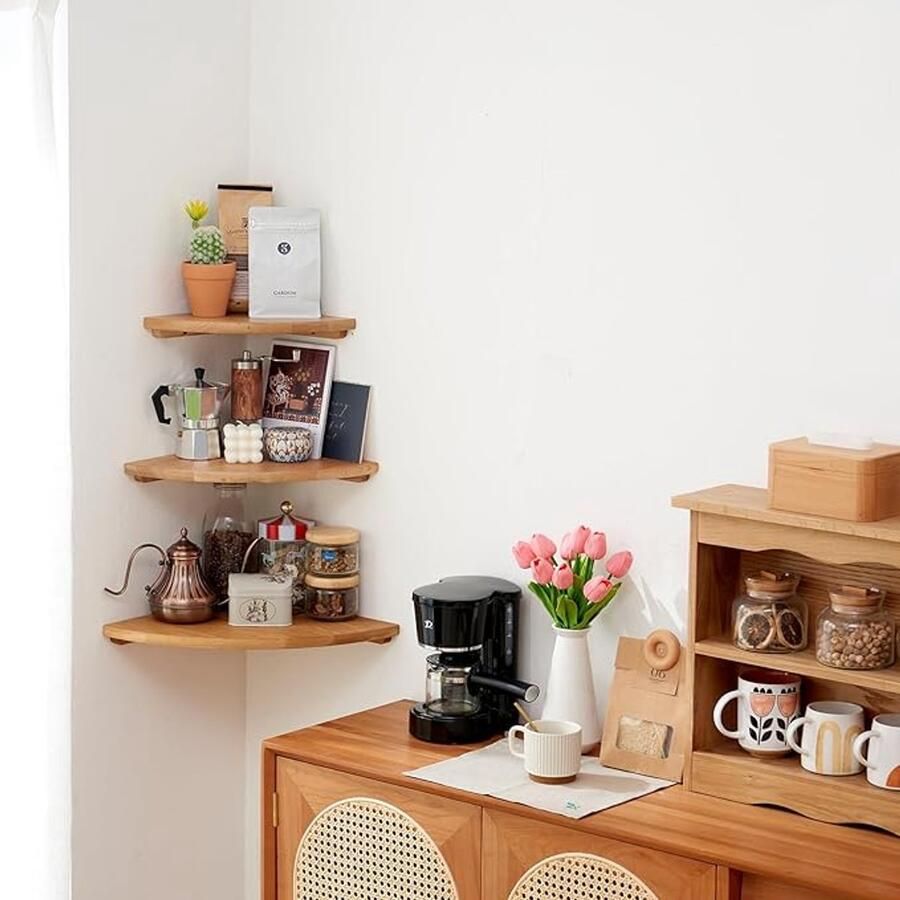 Famanu Hoekplank hangend massief eikenrek hangplank hoekplank wandplank hout klein zwevend hoekwandrek voor planten slaapkamer woonkamer keuken (25 cm)