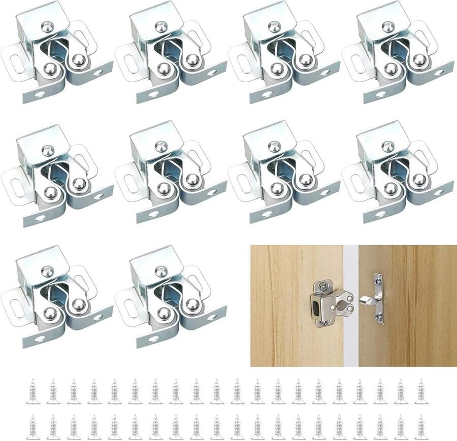 Famanu kast deur Dubbele bal Roller Catch Latch 10 stuks cabinet roller catch met 40 schroeven rolvangers twin roller catch voor kasten meubels（Zilver）