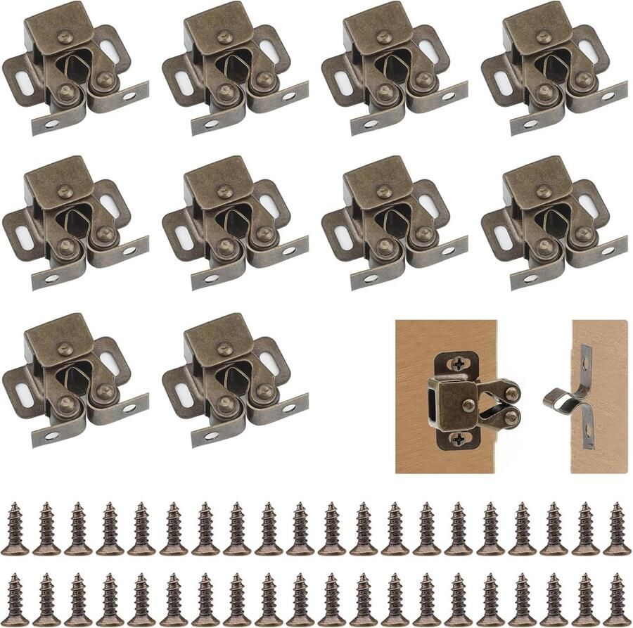 Famanu kast deur Dubbele bal Roller Catch Latch 10 stuks cabinet roller catch met 40 schroeven double roller catch twin roller catch voor kasten meubels（Vintage Bronzen）