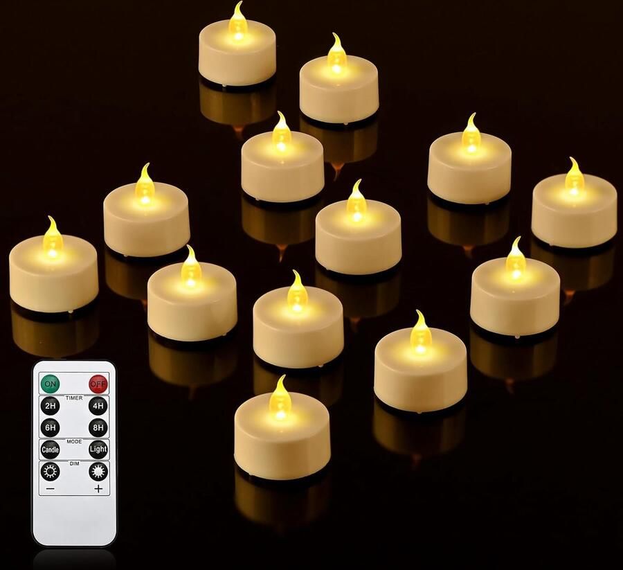 Famanu Led-theelichtjes met timer afstandsbediening vlamloze ledkaarsen elektrische flikkerende theelichtjes op batterijen voor thuis kamer tafel Halloween kerstdecoratie 12 stuks