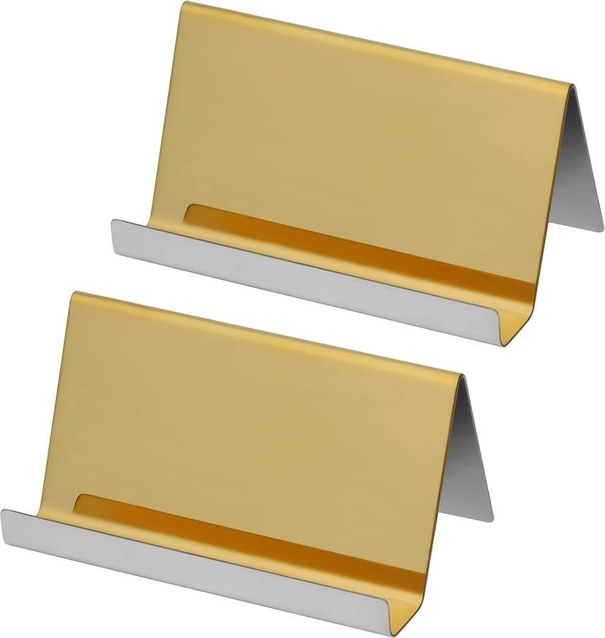 Famanu Metalen Roestvrij Stalen Bedrijfskaartjes Houder (2 Pak) – Houdt tot op 30 Kaartjes – Goudgekleurd Desktop Display Standaard – Kaart Organiser Voor Bureau Naamkaartjes en Balies