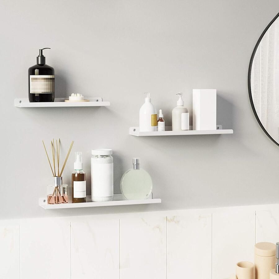 Famanu Metalen wandplanken set van 3 zwevende planken industriële stijl voor decoraties fotolijsten snuisterijen 6 schroeven inbegrepen meerdere indelingen wit LFS012W01