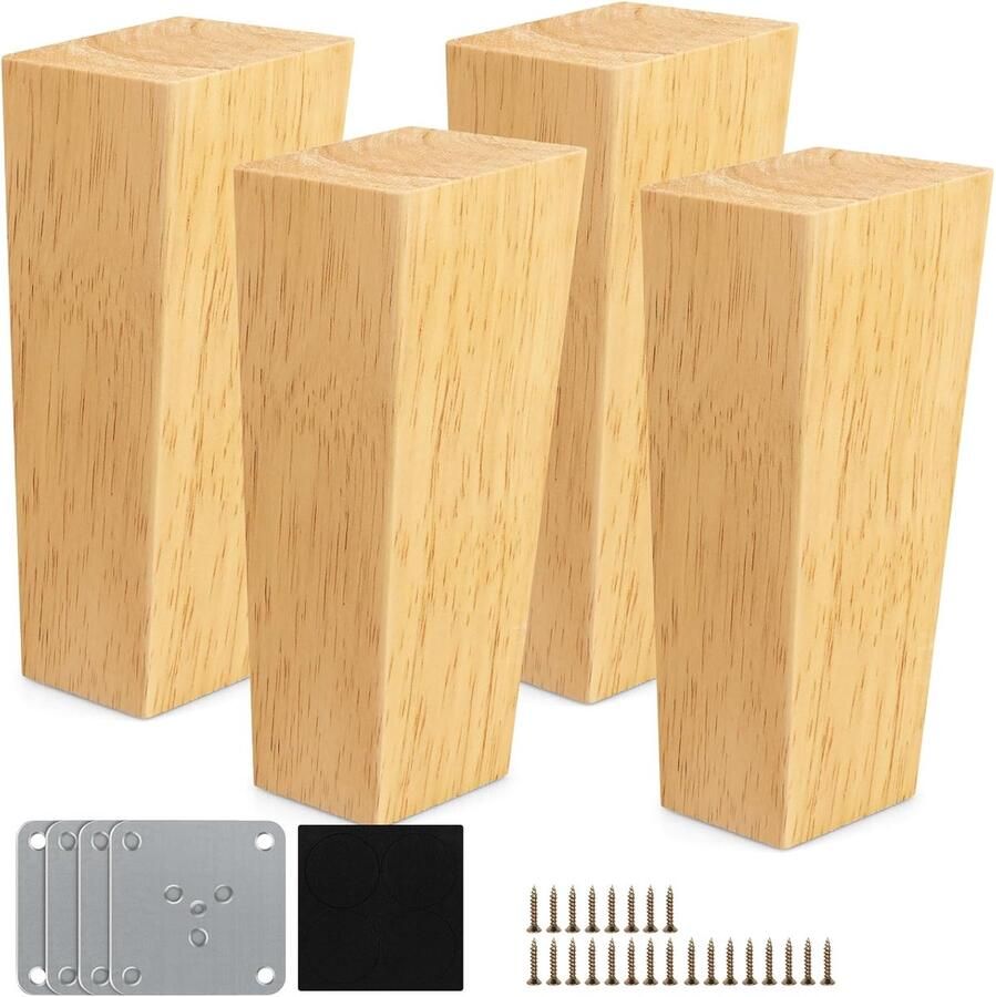 Famanu Meubelpoten van hout 4 stuks kegel tafelpoten massief hout 12 cm conisch kastpoten met schroeven en viltglijders voor kast bank stoel bed bank voetenbank (vierkant)