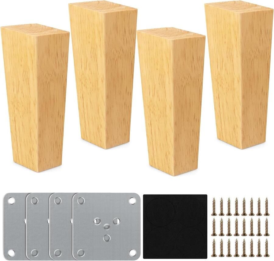 Famanu Meubelpoten van hout 4 stuks kegel tafelpoten massief hout 15 cm conisch kastpoten met schroeven en viltglijders voor kast bank stoel bed bank voetenbank (vierkant)