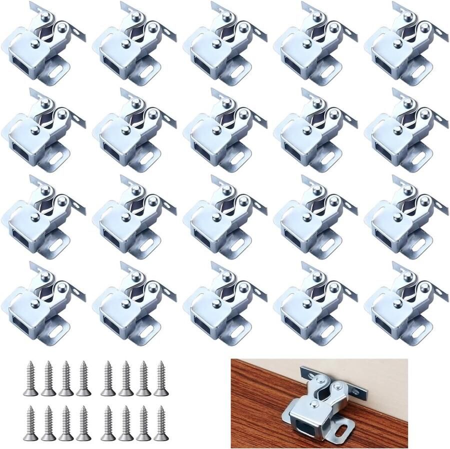 Famanu Meubelsnapper 20 stuks dubbele rolsnappers kastsluitingen met 80 schroeven roestvrijstalen latchvanger voor kast meubelsnapper met verstelbare deurstopper voor keuken kastdeuren kasten