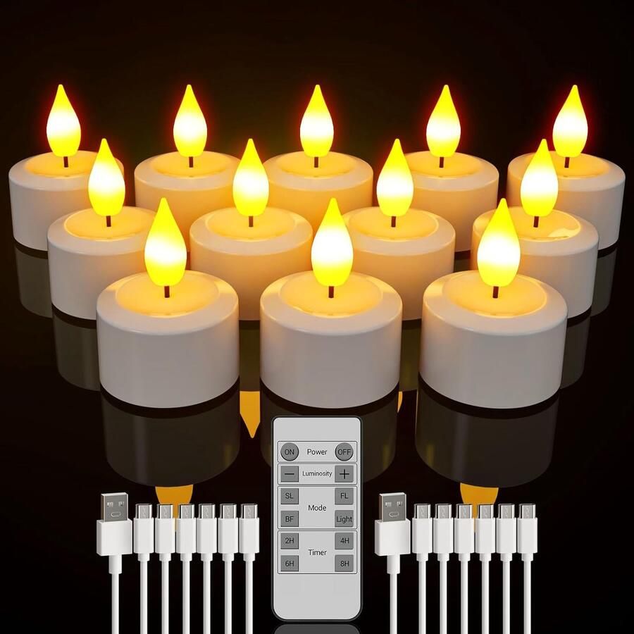 Famanu oplaadbare theelichtjes met afstandsbediening 12 stuks batterij LED vlamloze elektrische theelichtjes met timer en USB-C oplaadkabels voor thuis kamer tafel Halloween kerstversieringen
