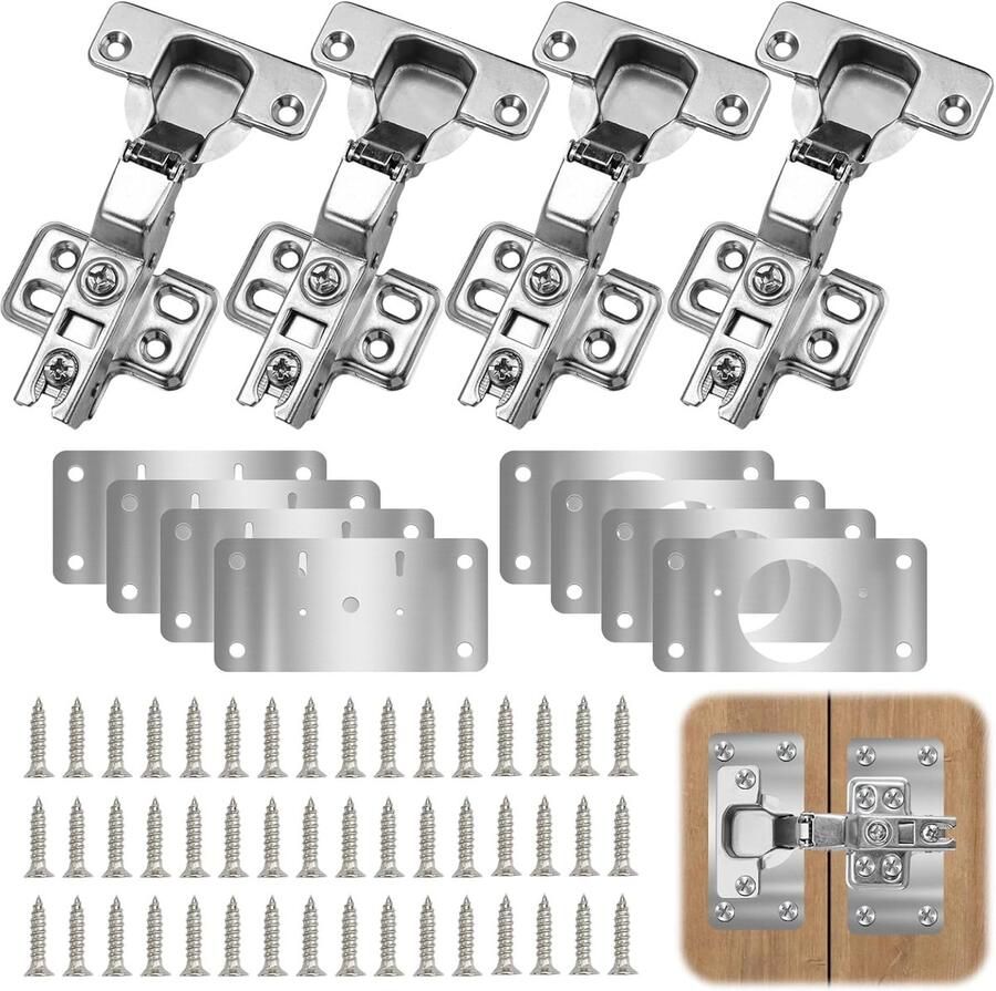 Famanu Reparatieset voor kastdeurscharnieren 4 stuks binnenliggende kast- en meubelscharnieren 8 roestvrijstalen scharnieren reparatieplaat met 48 schroeven scharnier voor kastdeuren voor