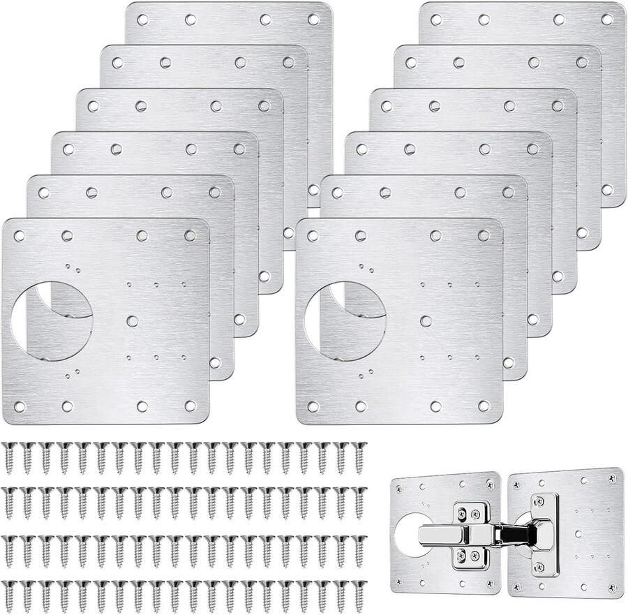 Famanu Roestvrijstalen scharnierreparatieplaat 12 stuks keukenscharnier reparatieplaten met 80 stuks schroeven 9 x 9 cm keukenscharnier reparatieset deur kast woonmeubel lade kisten