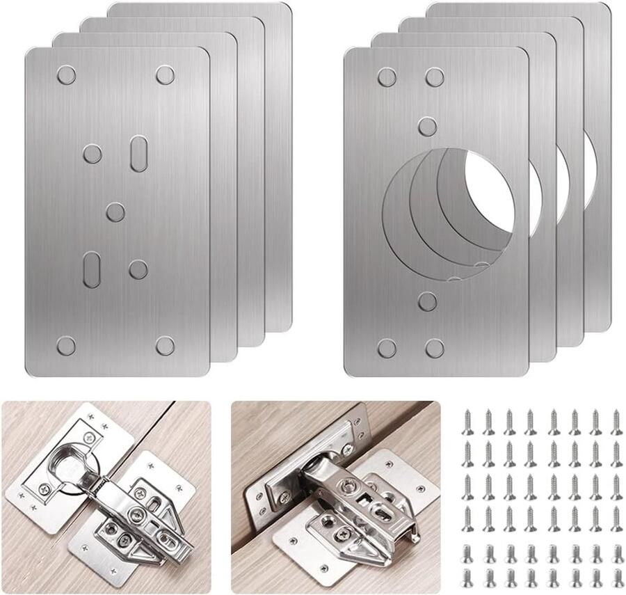 Famanu Roestvrijstalen scharnierreparatieplaat 8 stuks keukenscharnier reparatieplaten met 48 stuks schroeven keukenscharnier reparatieset deur kast woonmeubel lade kisten raam