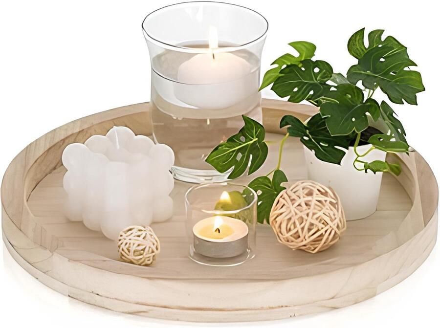 Famanu Rond houten decoratief dienblad: rustieke kaarsenbak voor pijlerkaarsen boerderij hout dienblad voor tafel middenstuk keuken aanrecht woondecoratie 28 5 cm