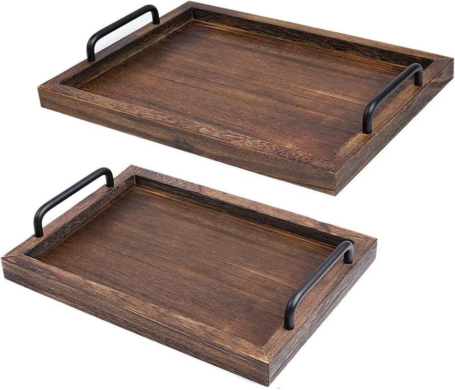 Famanu Rustieke houten dienbladen met handvat set van 2 decoratieve nestborden voor ontbijt salontafel butler groot 158 x 118 x 11 inch klein 134 x 94 x 12 in