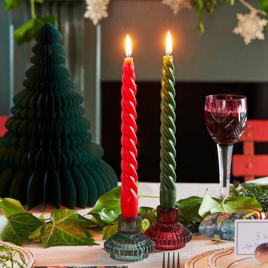 Famanu Salie Glazen Kandelaar Houder Kleine Geribbelde Kaars Stand Voor Diner Kaarsen Kerst Tafel Decoratie Woondecoratie Accessoires Indoor of Outdoor Diner Party FOREST-HOLD-SML-GRN
