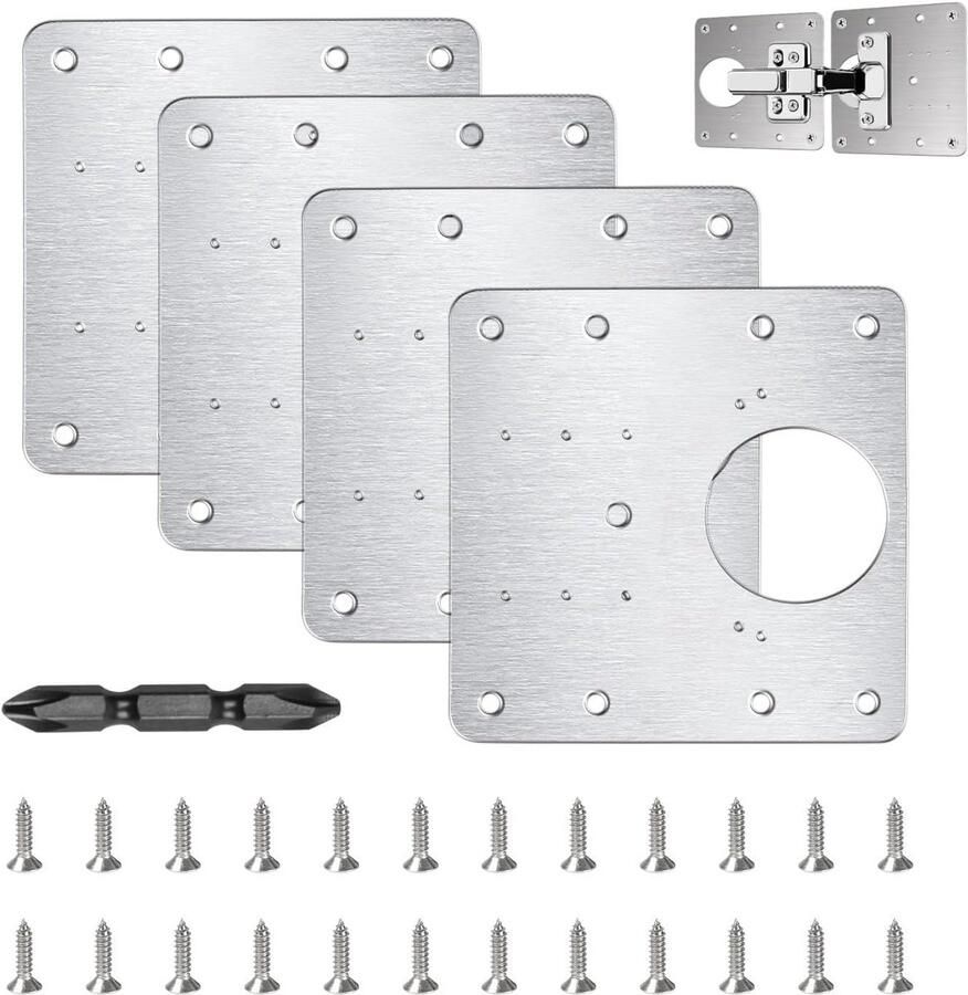 Famanu Scharnier Reparatieplaat 4 Stuks Roestvrij Staal Kastdeuren Scharnieren Reparatieset Scharnierreparatieplaat met Schroeven voor Keuken Kast Meubels Planken Raam
