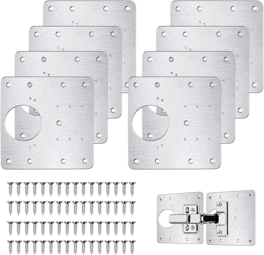 Famanu Scharnierreparatieplaat 8 stuks deurscharnieren van roestvrij staal reparatieplaten voor keukenkast plat met 64 schroeven