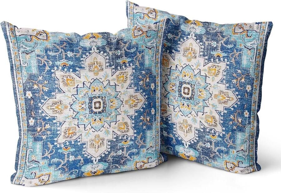 Famanu Set van 2 kussenslopen in Boheemse stijl 45 x 45 cm decoratieve vierkante kussenslopen voor sofa auto slaapkamer woonkamer bank buiten (blauw boho)
