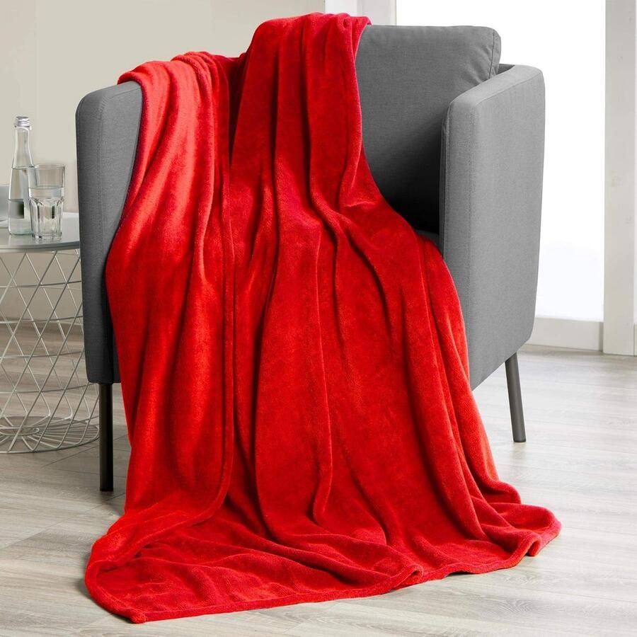Famanu TV-Deken Knuffeldeken 220 x 240 cm Rood Coral Fleece Microvezel Plaid voor Bank & Bed