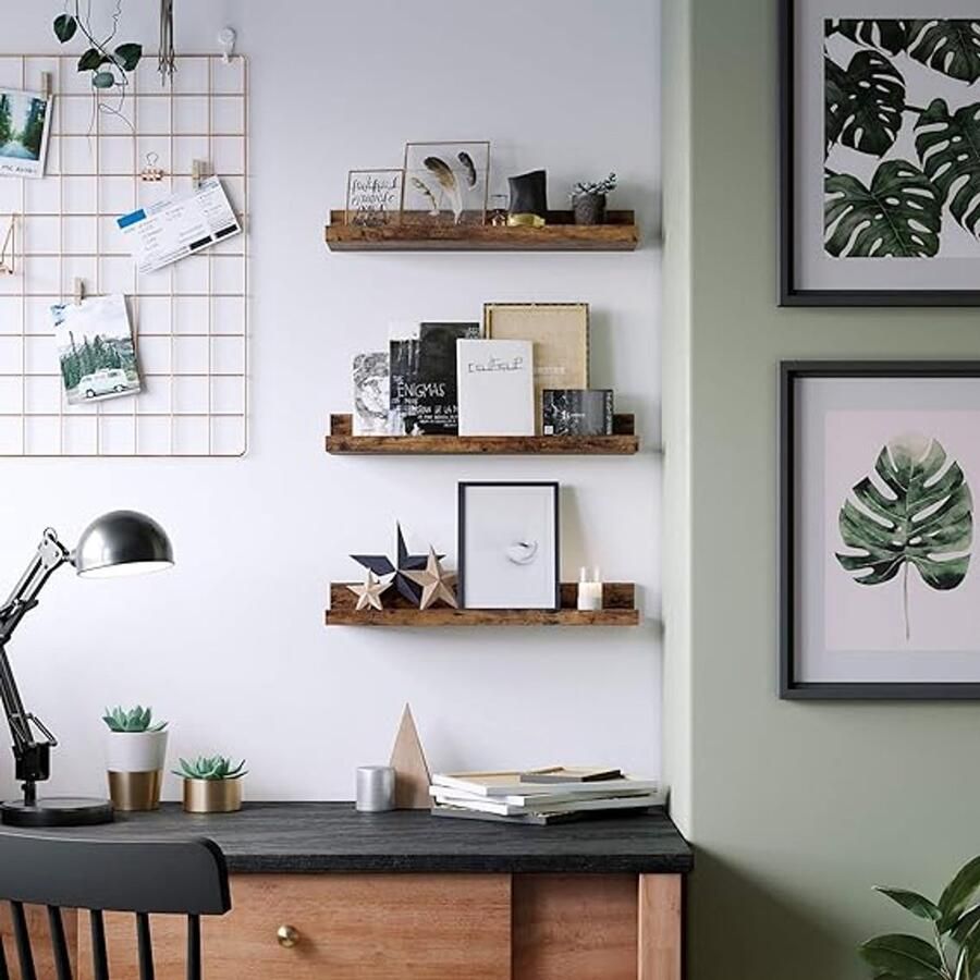 Famanu wandplanken set van 3 zwevende planken lengte 38 cm verhoogde voorkant voor decoratieve items kruidenpotjes en fotolijsten vintage bruin