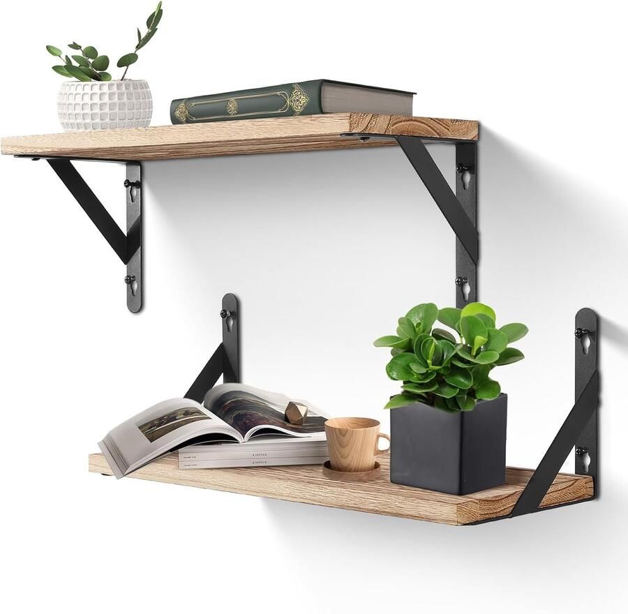 Famanu Wandrek rustiek zwevend rek 42 cm set van 2 metaaldraad voor woonkamer slaapkamer keukenplank houtkleur vintage lichtbruin