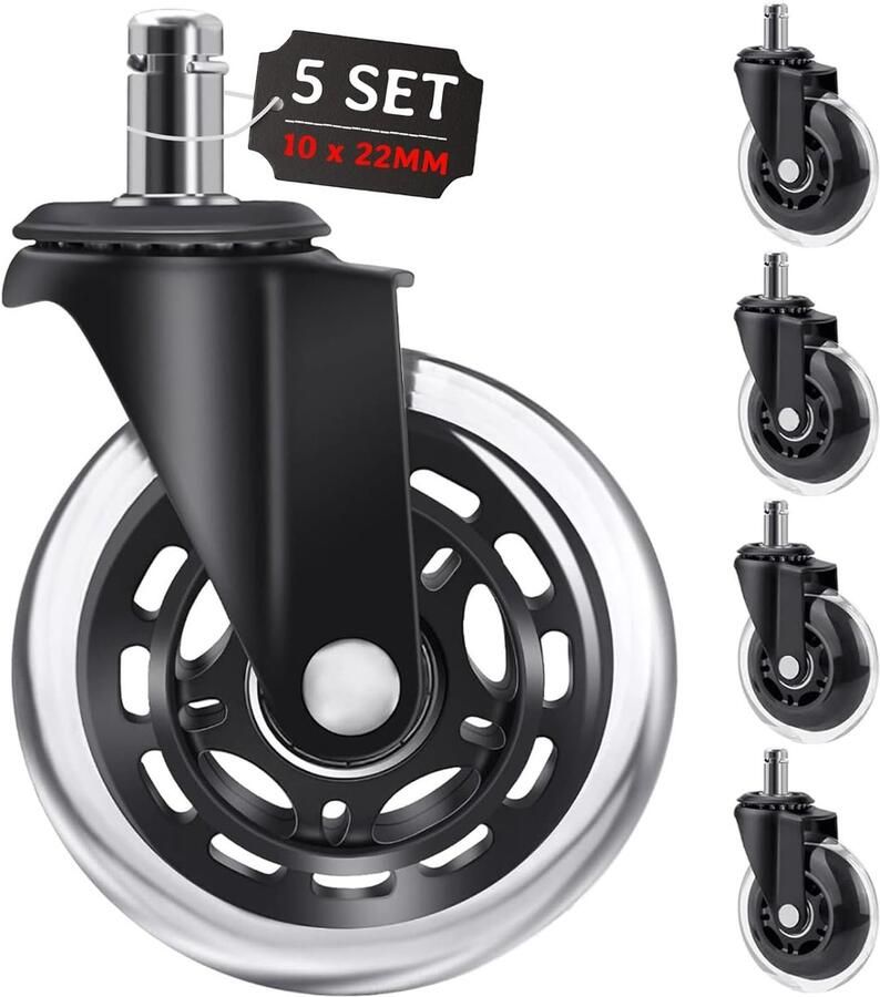 Famanu Wielen voor bureaustoelen 5-delige set rubberen wielen voor harde vloeren 360 graden draaien zonder krassen draagvermogen tot 250 kg 10 x 22 mm (1KEA)
