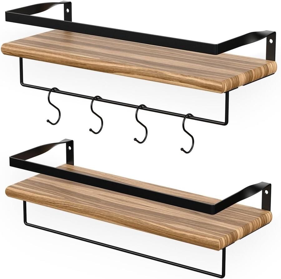 Famanu Zwevende Houten Wandplank Set met Handdoekhouder en 8 Haakjes 2 Stuks Industrieel Geschikt voor Keuken Woonkamer Slaapkamer Kinderkamer en als Muurdecoratie 41cm Bruin Zwart