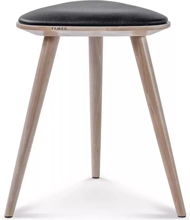 Fameg Finn Houten Krukje Whitewash Zwarte Kunstleren Zitting Bijzet Stoel 44 x 39 x 49 cm