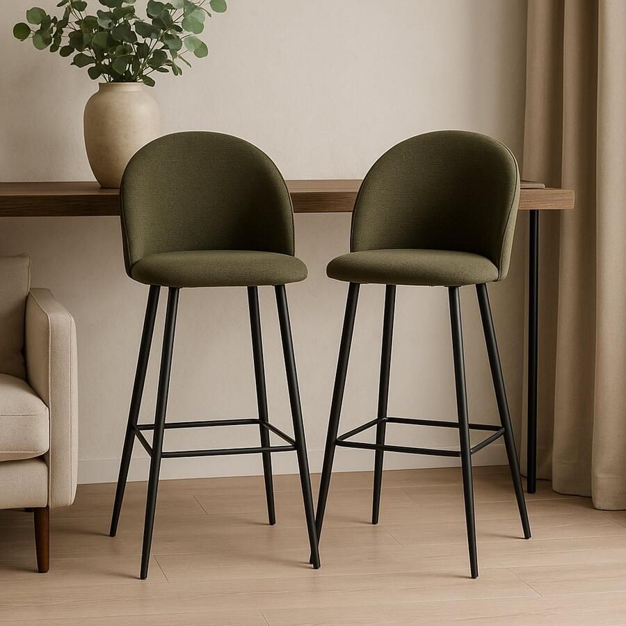 Fameilleur Barkrukken Set van 2 – Luxe Barstoelen olijf groen – Comfortabele Hoge Stoelen met Rugleuning – Barkruk 70 cm Zithoogte – Moderne Barstoelen voor Keuken Eiland Eetkamer Horeca – Metalen Poten- bar kruk- bar stoel- lounge set-bar set