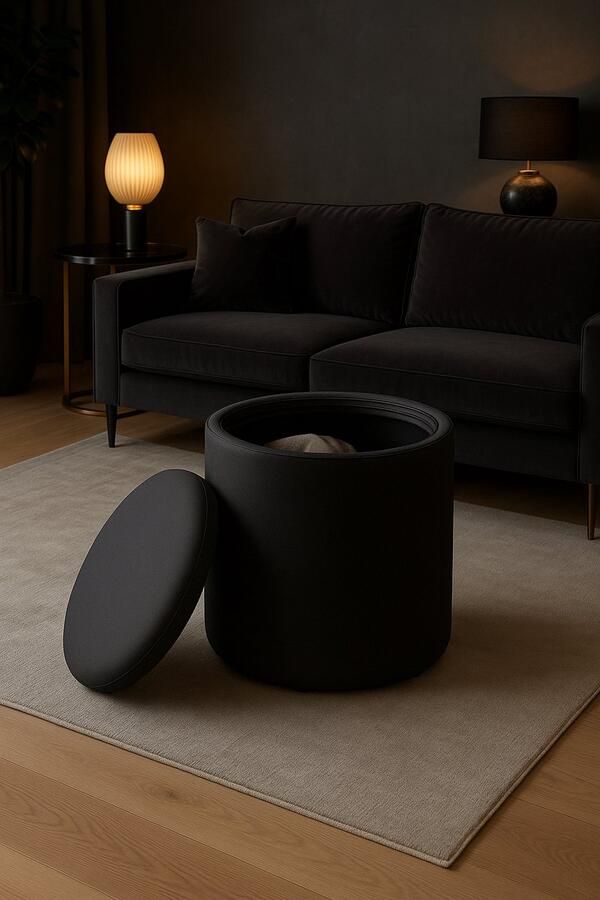 Fameilleur exclusieve Poef met Opbergruimte – Ronde Stoffen Hocker Zitkruk Voetenbankje – Donkergrijs Opbergpoef voor Woonkamer Slaapkamer & Hal – Ø36x40 cm – Comfortabele Opbergkruk met Deksel – Modern Design Woonaccessoire- stoel opberger