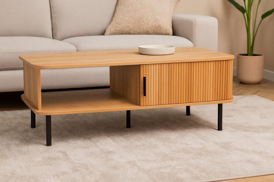 Fameilleur Houten Salontafel Japandi Stijl – Design Koffietafel met Schuifdeur & Opbergruimte – Moderne Woonkamertafel 100x60x40 cm – Ovale Hoeken – Verticale Latjes – Lichtbruin – Koffie tafel met Zwarte Poten- salon tafel-kleine tafel- houten tafel