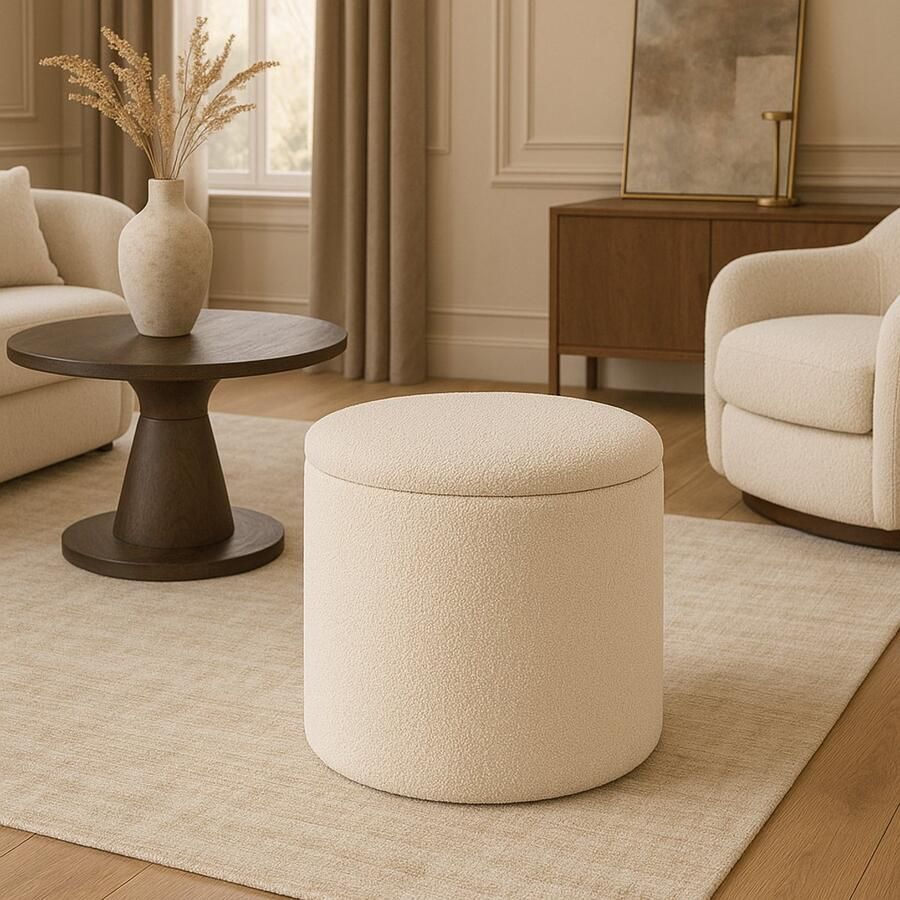 Fameilleur Luxe Teddy Poef met Opbergdeksel – Bouclé Poef 35x40 cm – Zachte Stof in Off-White – Multifunctionele Poef met Opbergruimte – Zitkruk Voetenbank & Bijzettafel – Kant-en-Klaar – Scandinavisch Design poef zitbank exclusief- opbergbank
