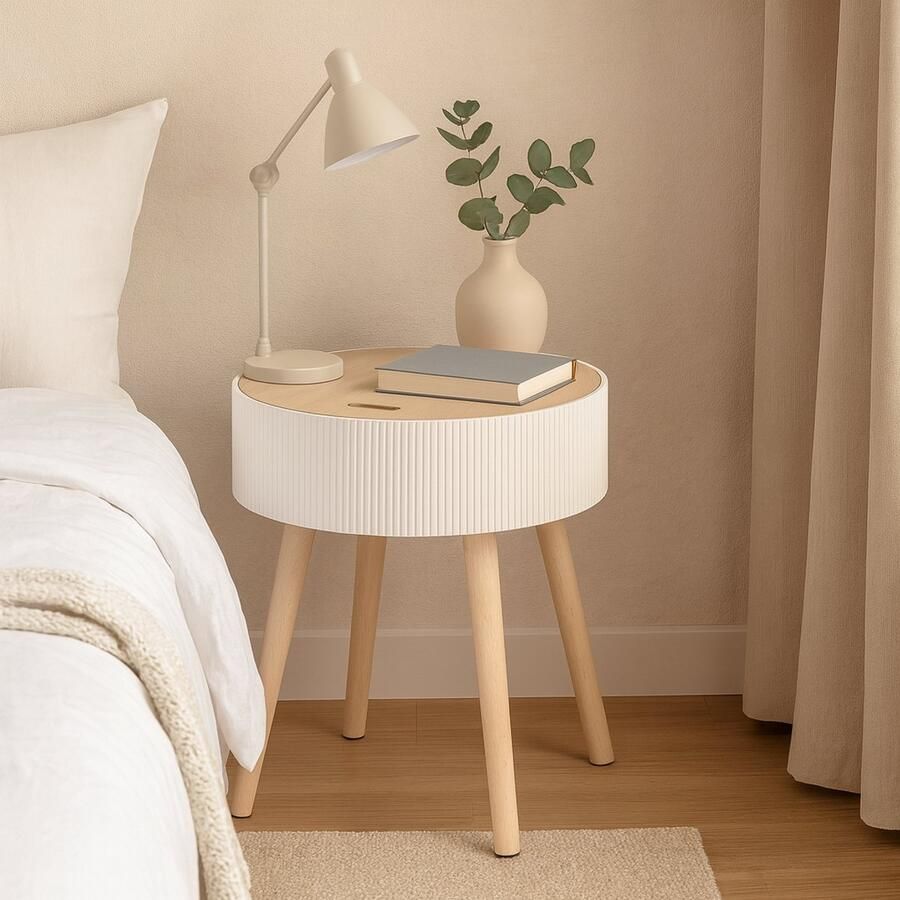Fameilleur Rond Nachtkastje – Ø 38 x 47 5 cm – Wit Houten Bijzettafeltje met Opbergruimte – Scandinavisch Design – Bedtafel voor Slaapkamer of Woonkamer – Licht Hout & Mat Wit – Compact Tafeltje met Deksel-nachtkast nacht kast- nacht kastje- bijzet
