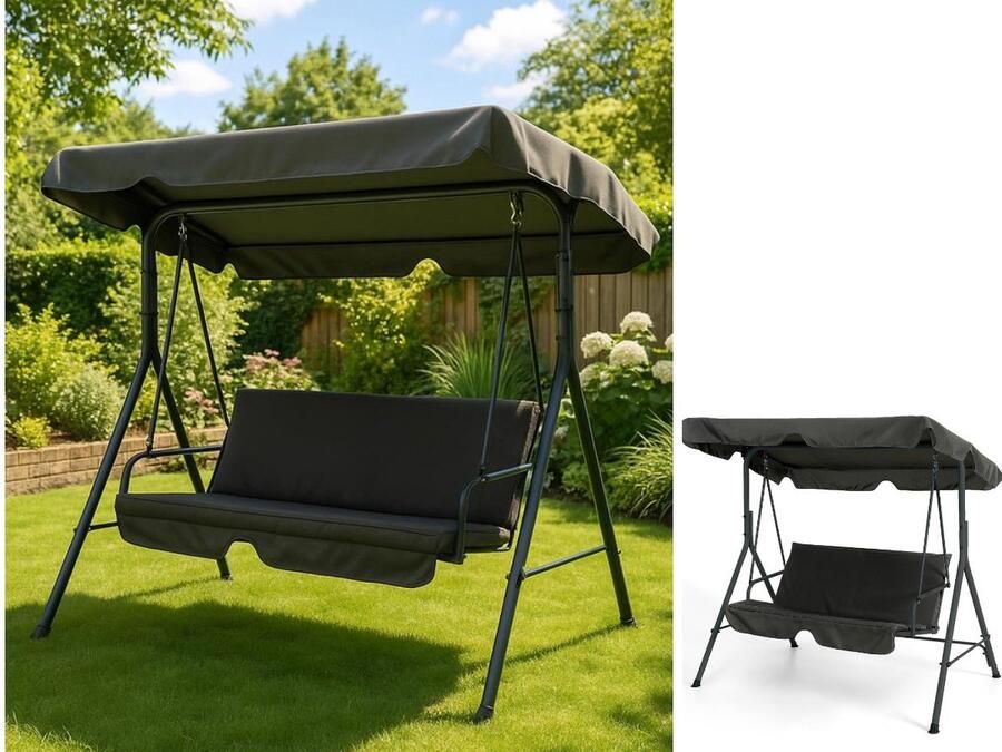 Fameilleur Schommelbank voor de Tuin met Verstelbare Luifel –Geschikt voor 2 à 3 Personen –Inclusief Comfortabele Zitkussens – Waterafstotend en Weerbestendig Materiaal –Stevig en Duurzaam Frame- Ideaal voor Ontspanning in de Buitenlucht –Grijs-schommel bank