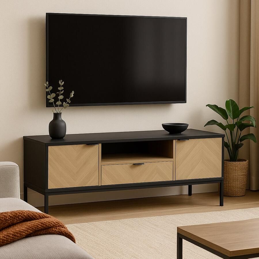 Fameilleur -TV-Meubel met visgraat design – 120x40x45 cm –Moderne TV-Kast met Lade & Deurtjes –Industrieel TV-Dressoir – Houtlook met Zwarte Accenten -Kabeldoorvoer -Woonkamer TV-Tafel met Veel Opbergruimte-TV Kast-houten tv meubel- televisie meubel