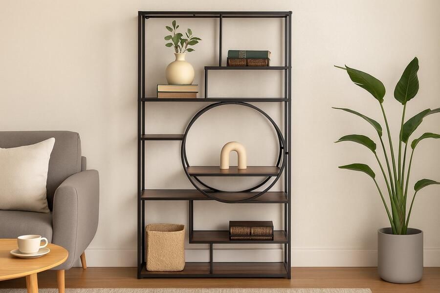 Fameilleur Wandkast Industrieel Zwart Metaal met Notenhoutlook – Boekenkast met Ronde Cirkel – Open Staande Kast – Design Wandmeubel 83x33x175 cm – Voor Woonkamer Hal Kantoor – Decoratiekast – Plankenkast –Metaal & MDF-FSC Hout- wand kast- vitrine