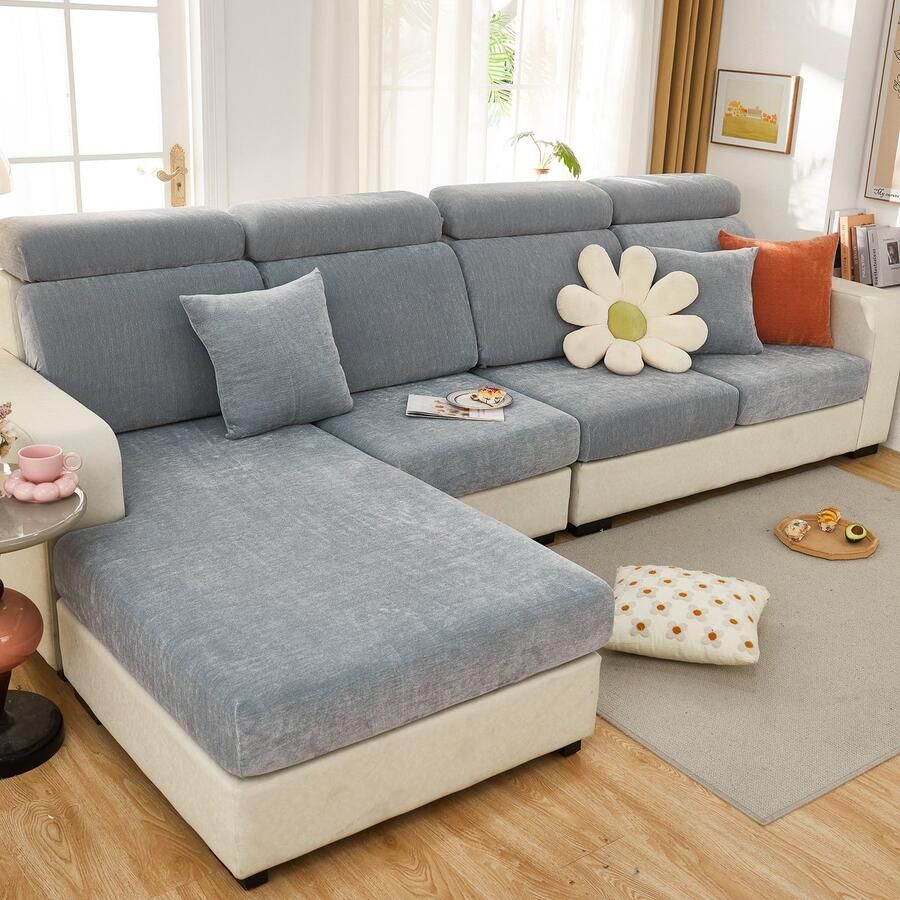 FancySofas Bankhoes Chenille Sierkussen Machinewasbaar & Stretchy Bankhoezen voor Hoekbank Kussens Hondendeken bank Hondenkleed Bankbeschermer Zetelhoes 30 Dagen Gratis Uitproberen Ash Grey
