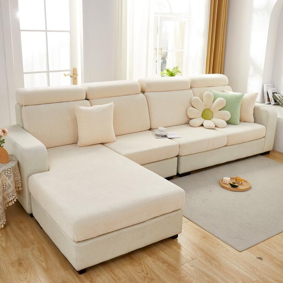 FancySofas Bankhoes Chenille Zitkussenhoes Machinewasbaar & Stretchy Bankhoezen voor Hoekbank Hondendeken bank Hondenkleed Bankbeschermer Zetelhoes Zetelovertrek Sofa Cover 30 Dagen Risicoloos Uitproberen Ivory Beige - Foto 2