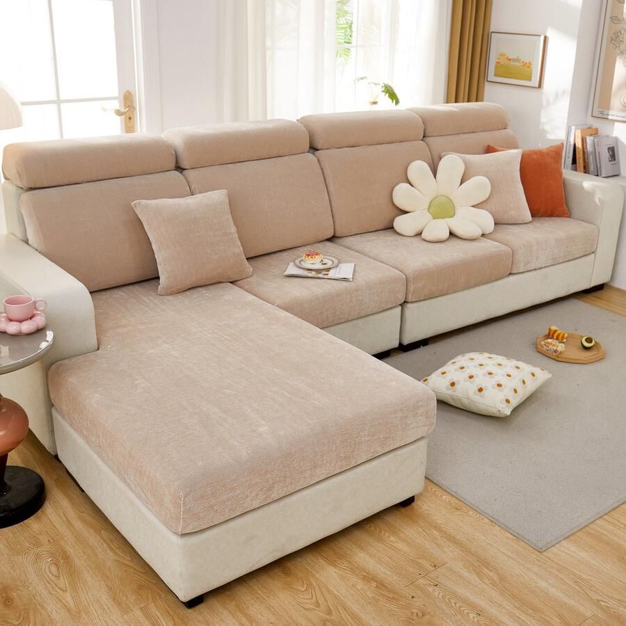 FancySofas Bankhoes Chenille Zitkussen Machinewasbaar & Stretchy Bankhoezen voor Hoekbank Kussens Hondendeken bank Hondenkleed Bankbeschermer Zetelhoes 30 Dagen Gratis Uitproberen Blush Beige