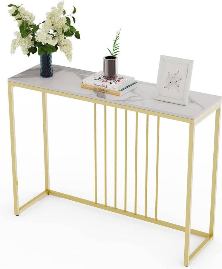 FATIVO Console Tafel voor Hal 100x30x78.5cm Foyer Tafel Echt Gesinterde Stenen Tafel Hoogglans Marmeren Tafelblad met Luxe Gouden Benen Elegante Sofa Bijzettafel Console Entryway Tafel Hall Tafel