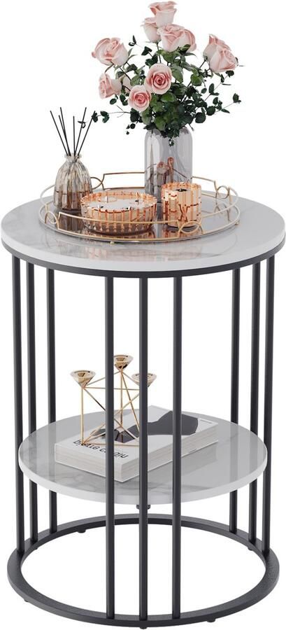 FATIVO Ronde Bijzettafel Marmer Wit 2 Planken Zwart IJzeren Frame Modern Luxe 40L x 40B x 54H cm Salontafel Banktafel Nachtkastje Bijzettafel voor Woonkamer en Slaapkamer - Foto 2