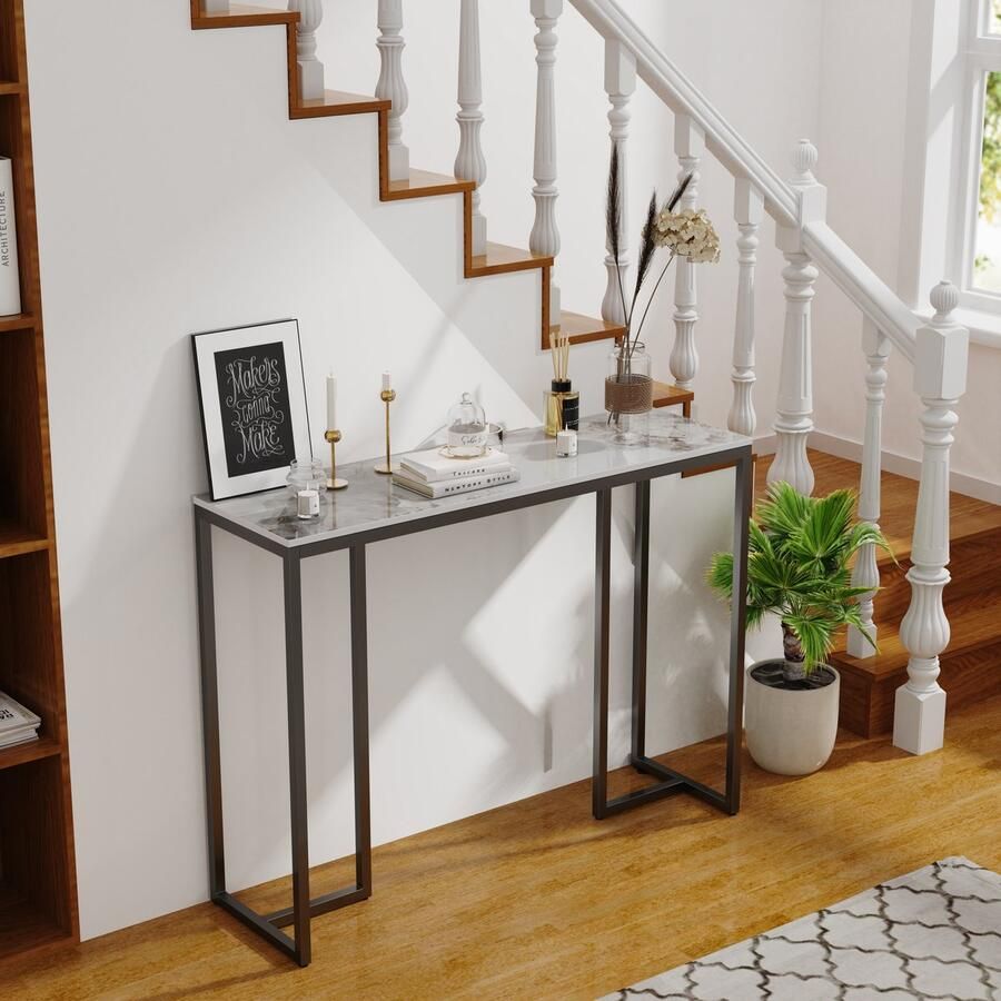FATIVO Consoletafel marmer- Haltafel Wandtafel Sidetable Zwart + Wit 100 × 30 × 79 cm (L x B x H) Scandinavisch Bijzettafel met metalen frame voor woonkamer Hal entree