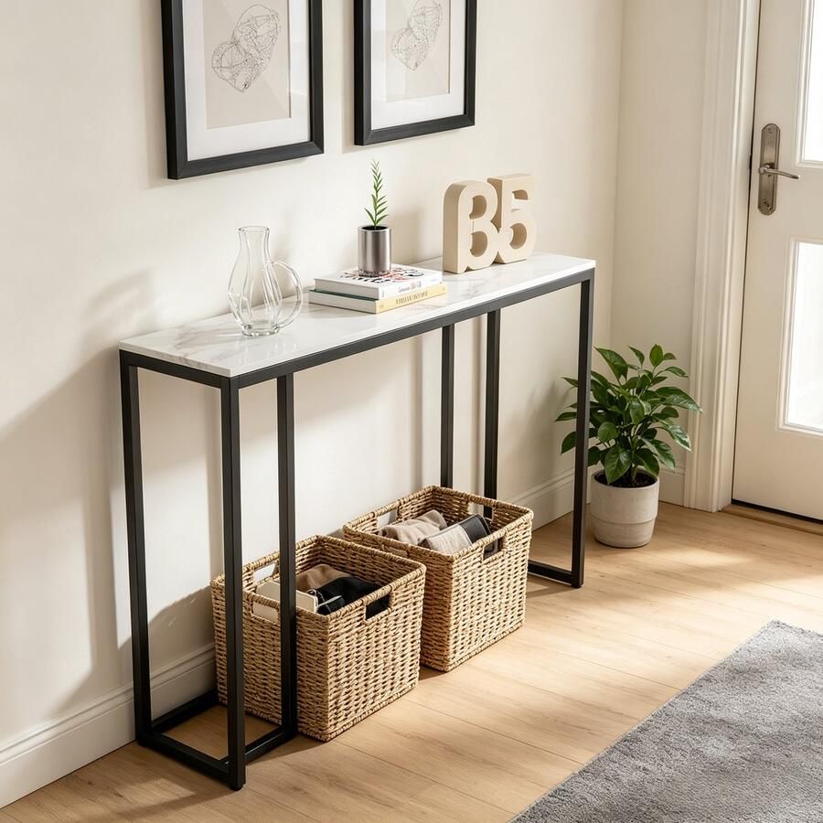 FATIVO Consoletafel marmerlook- Haltafel Wandtafel Sidetable Zwart + Wit 100 × 30 × 79 cm (L x B x H) Scandinavisch Bijzettafel met metalen frame voor woonkamer Hal entree - Foto 2