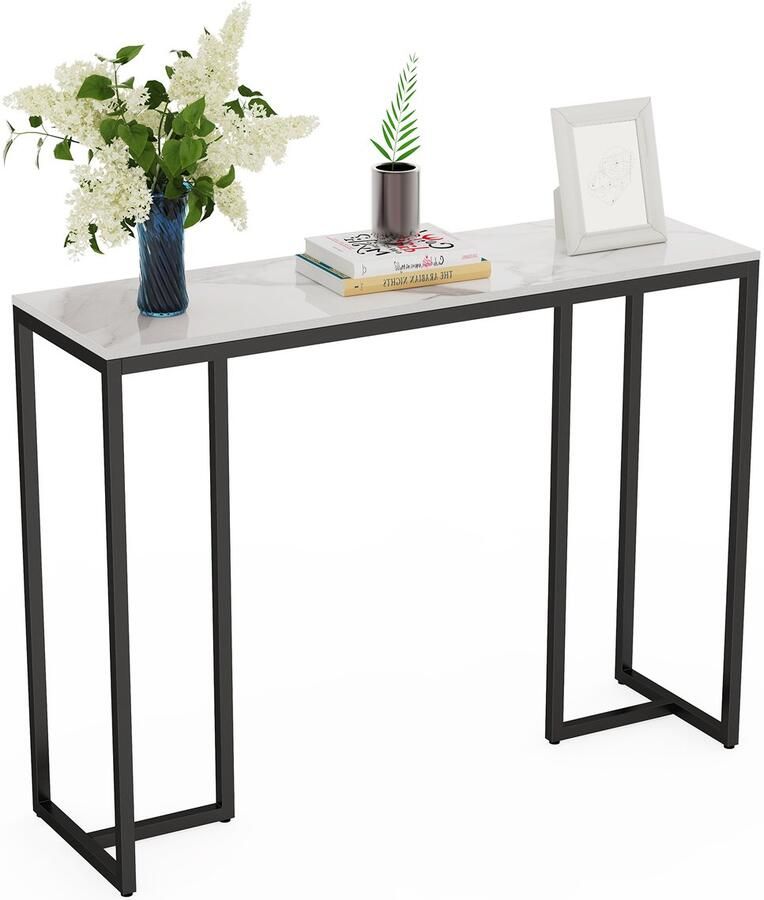 FATIVO Consoletafel marmerlook- Haltafel Wandtafel Sidetable Zwart + Wit 100 × 30 × 79 cm (L x B x H) Scandinavisch Bijzettafel met metalen frame voor woonkamer Hal entree - Foto 3